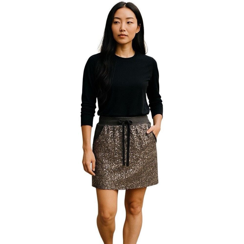 Ann Taylor Silver Sequins Mini Skirt Elastic Waist Charcoal Gray Size Small